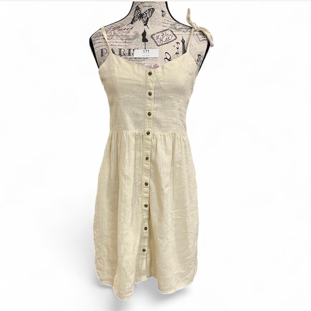 Aerie Tan Linen Button-Down Mini Dress with tie straps - Picture 1 of 4